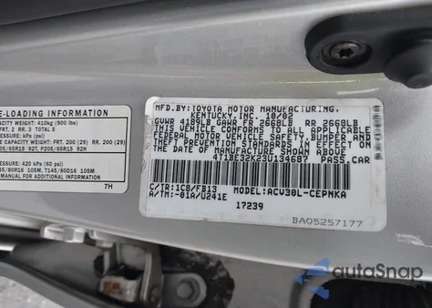 2003 Toyota Camry Le from USA, damaged, VIN 4T1BE32K23U134687